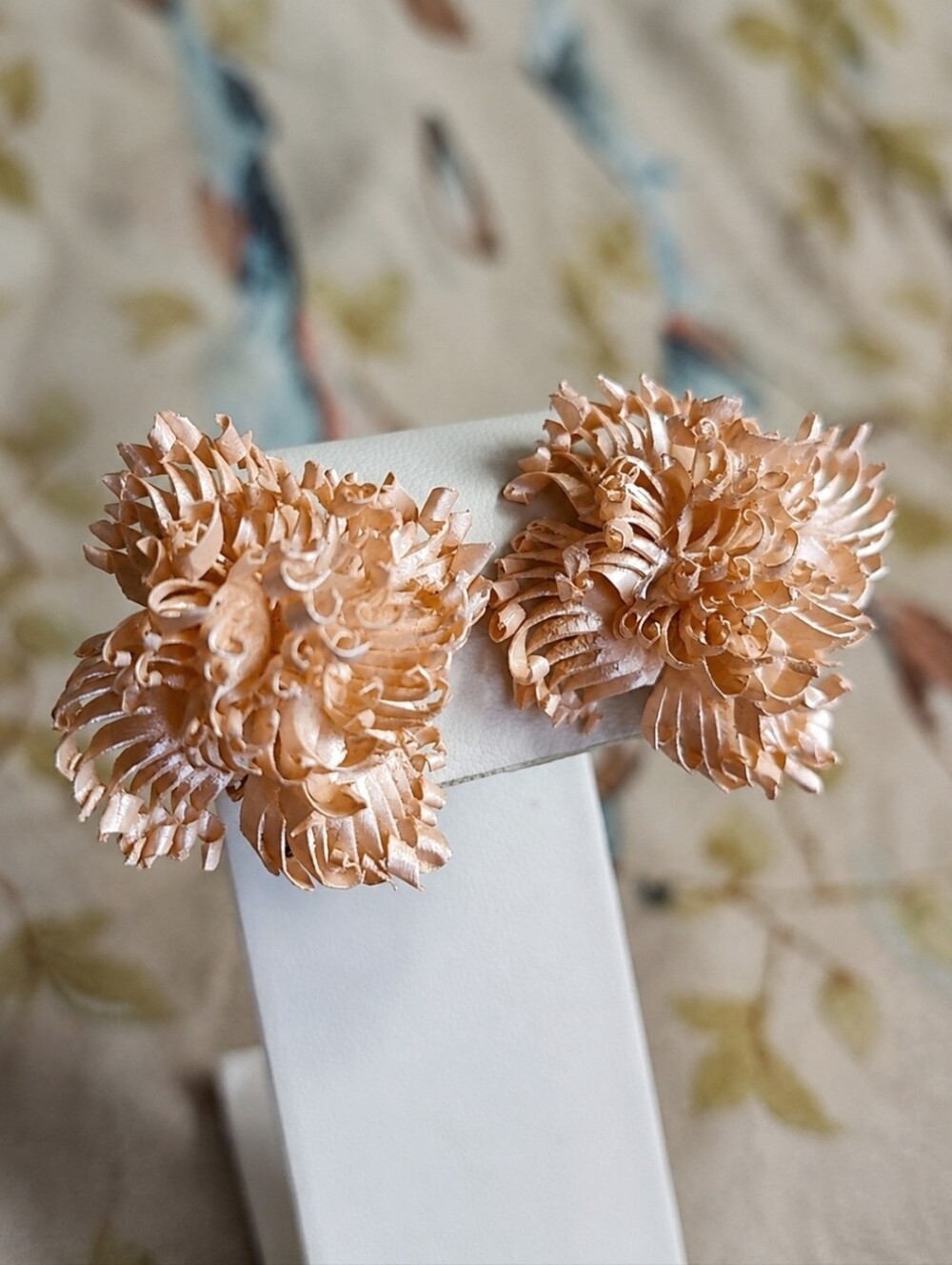 Curled Shredded Pinkish Salmon Vintage Antique Clip Flower Paper? Earrings
